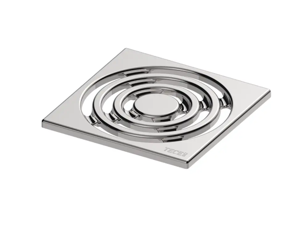 Edelstahl-Designrost von TECE mit kreisförmigem Muster, quadratischer Form und glatter Oberfläche. Ideal für den Einsatz in Duschen oder Bodenelementen.